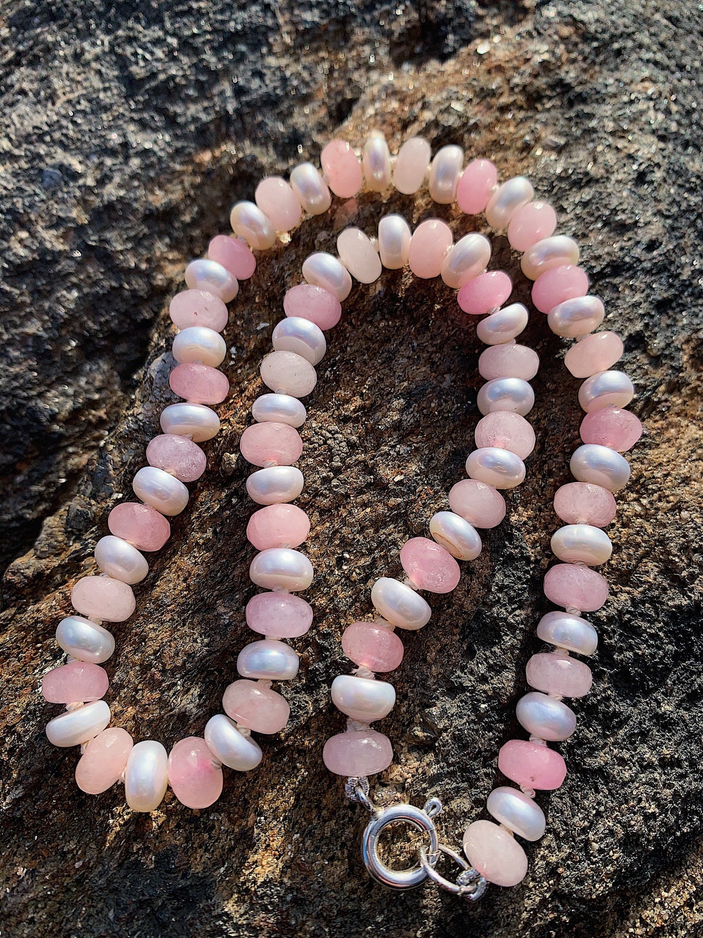Strawberries & Cream Fresh Water Pearl and Jade Candy Necklace | Hand-Knotted with Sterling Silver