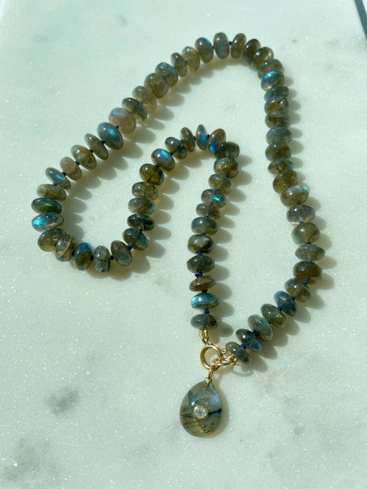 Recess on the BlackTop 3 Smooth Labradorite Hand Knotted Candy Necklace with 14K Solid Gold