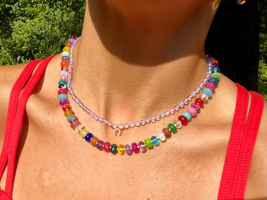 Hubba Bubba Lucky Double Bubble - Handknotted Opalite Choker with 14K GF Crystal Horseshoe Charm