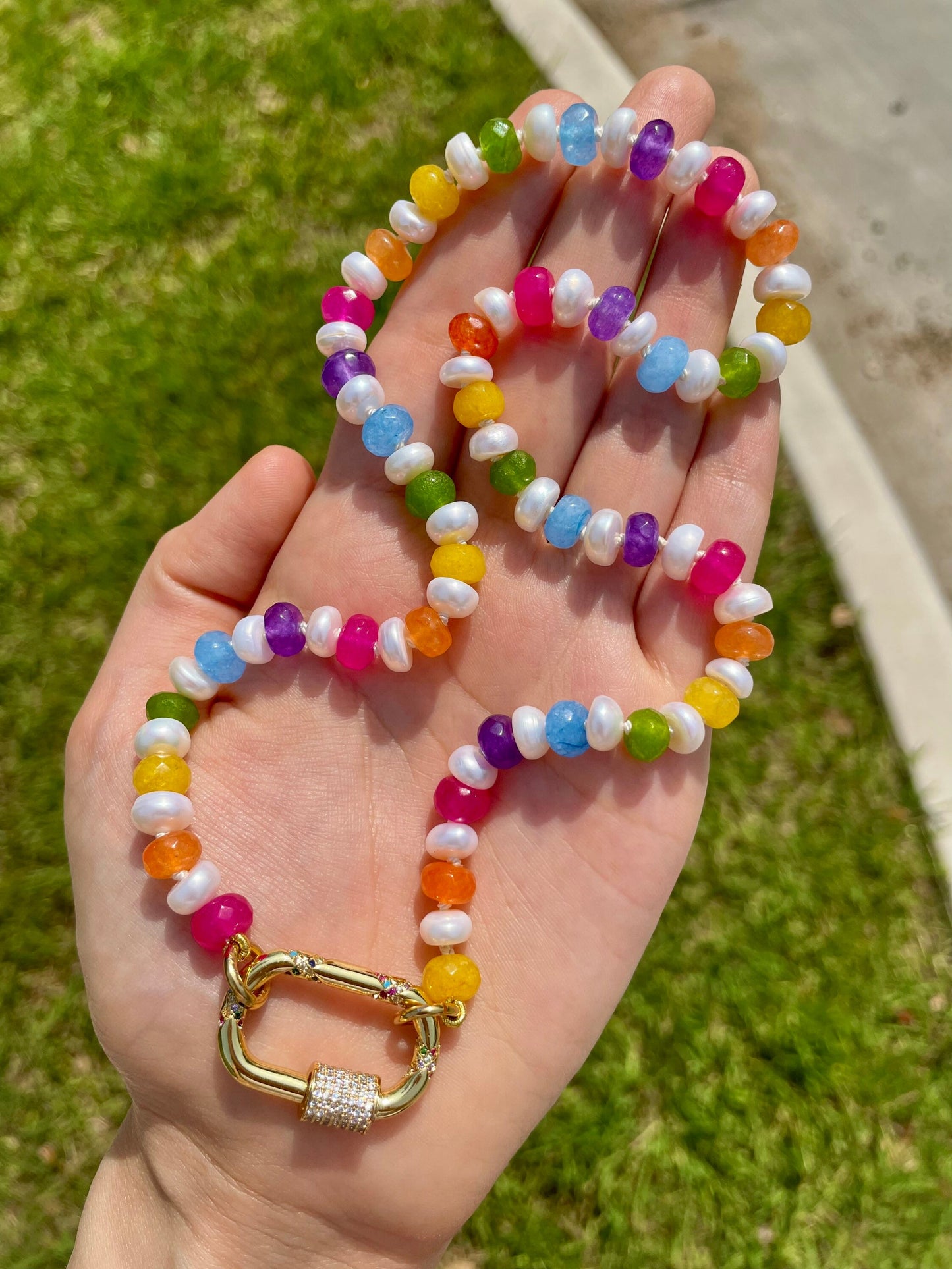 Lucky Charms with Whole Milk Gemstone and Freshwater Pearl Candy Necklace | 14K Gold Filled Charm Bar Carabiner | 18”