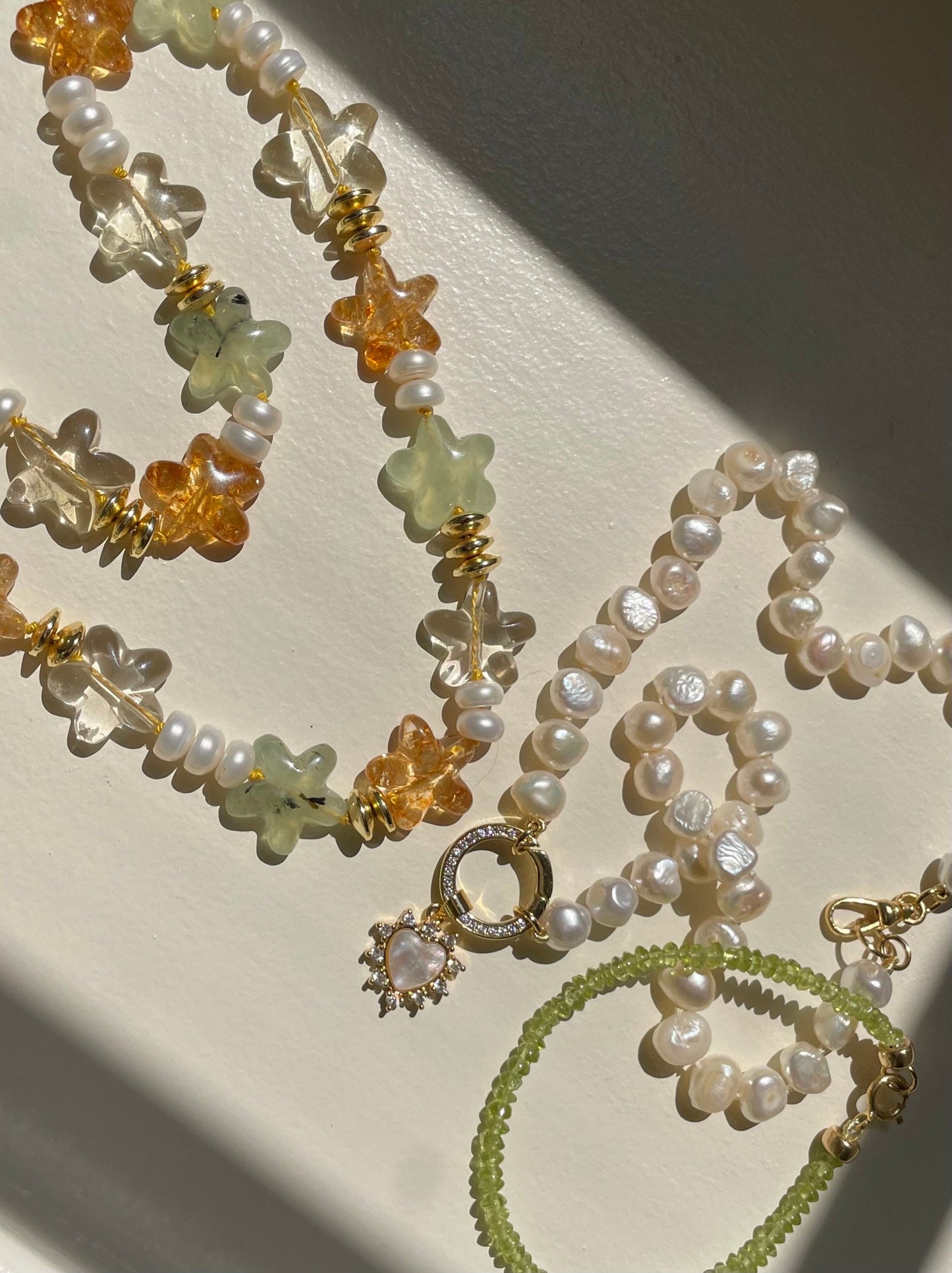 Handshakes in the Hamptons - Hand Knotted Freshwater Pearl Crystal Enhancer Clasp Necklace with Mother of Pearl Heart Charm