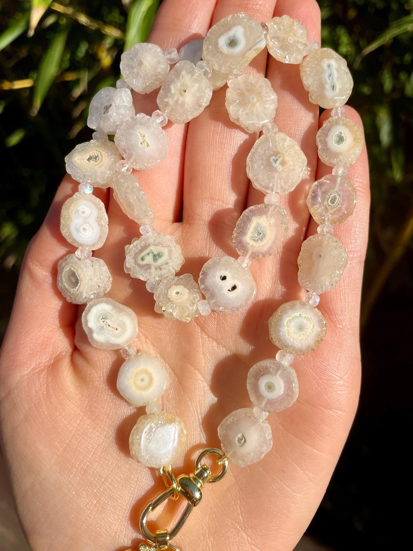 Auld Lang Syne - Quartz Druzy Medallion and Moonstone Statement Collar with Large 14K GF Enhancer Charm Clasp