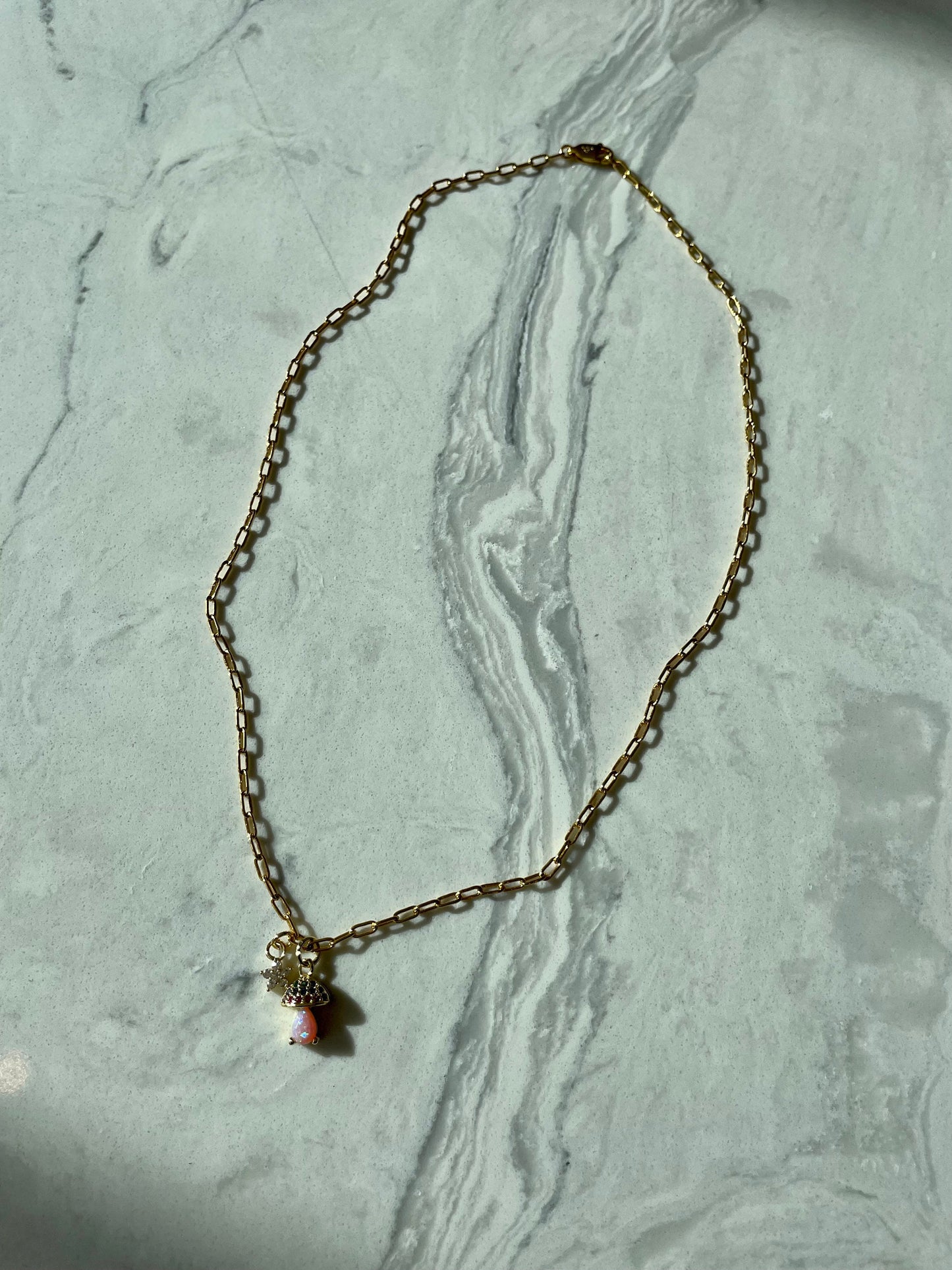 Mush Crush - Opalite Mushroom Charm Pendant on 24K Gold Filled Paper Clip Chain