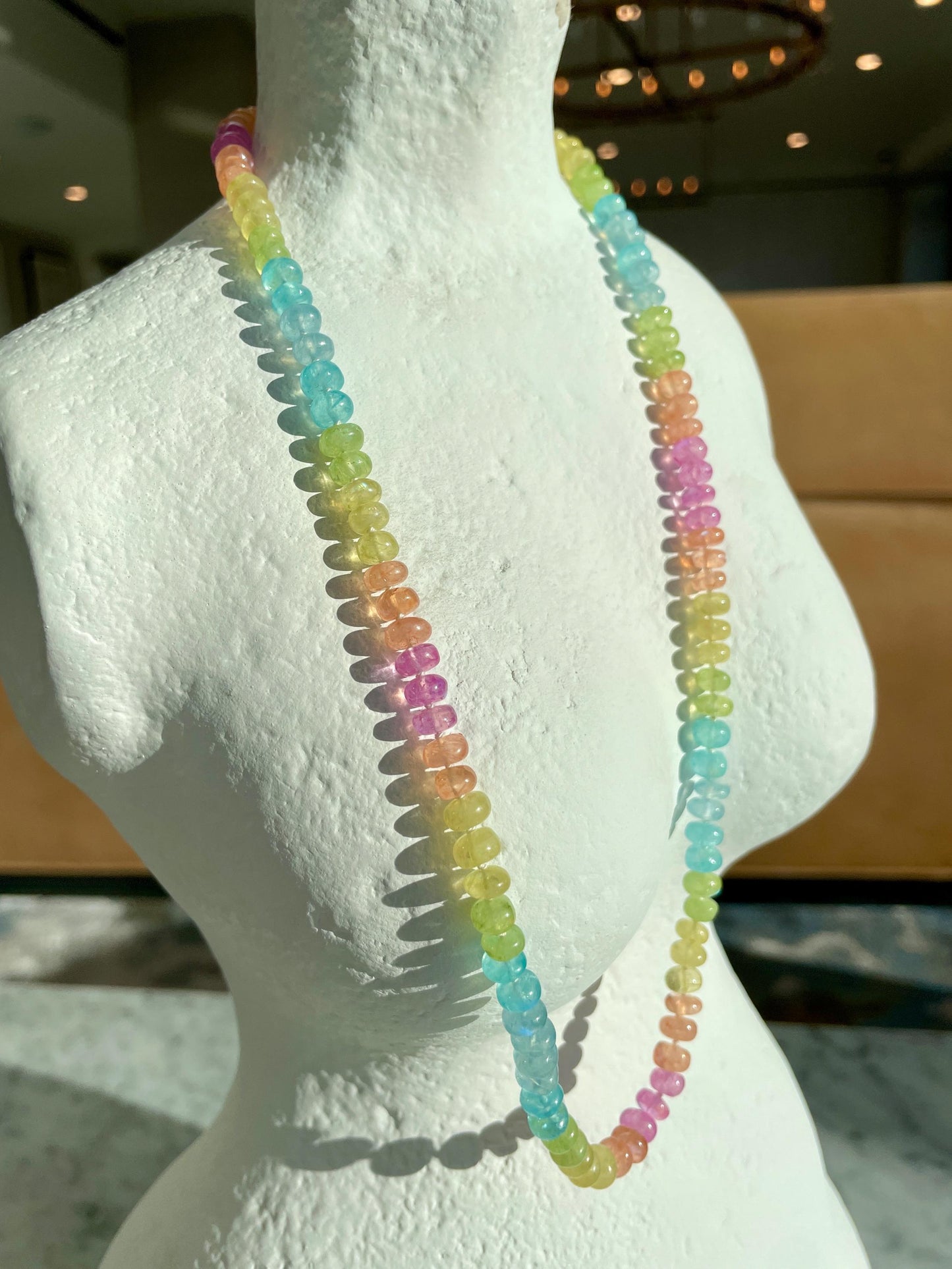 Mrs. Frizzle's Fave Luxe - Rainbow Moonstone Necklace, 14K Gold Clasp, Hand Knotted Silk Thread