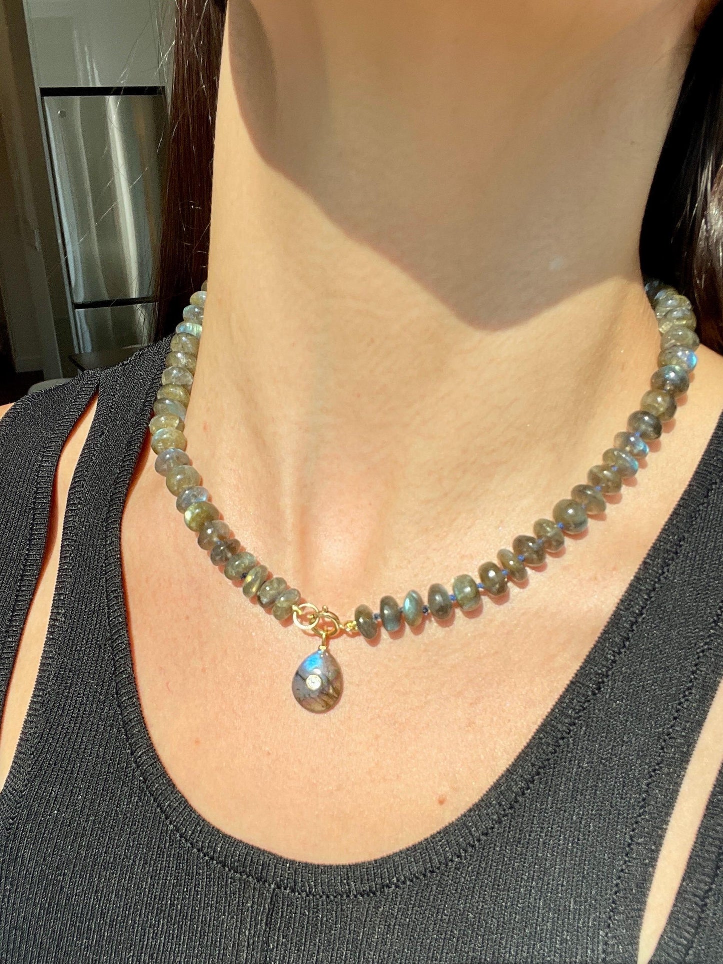 Recess on the BlackTop 3 Smooth Labradorite Hand Knotted Candy Necklace with 14K Solid Gold