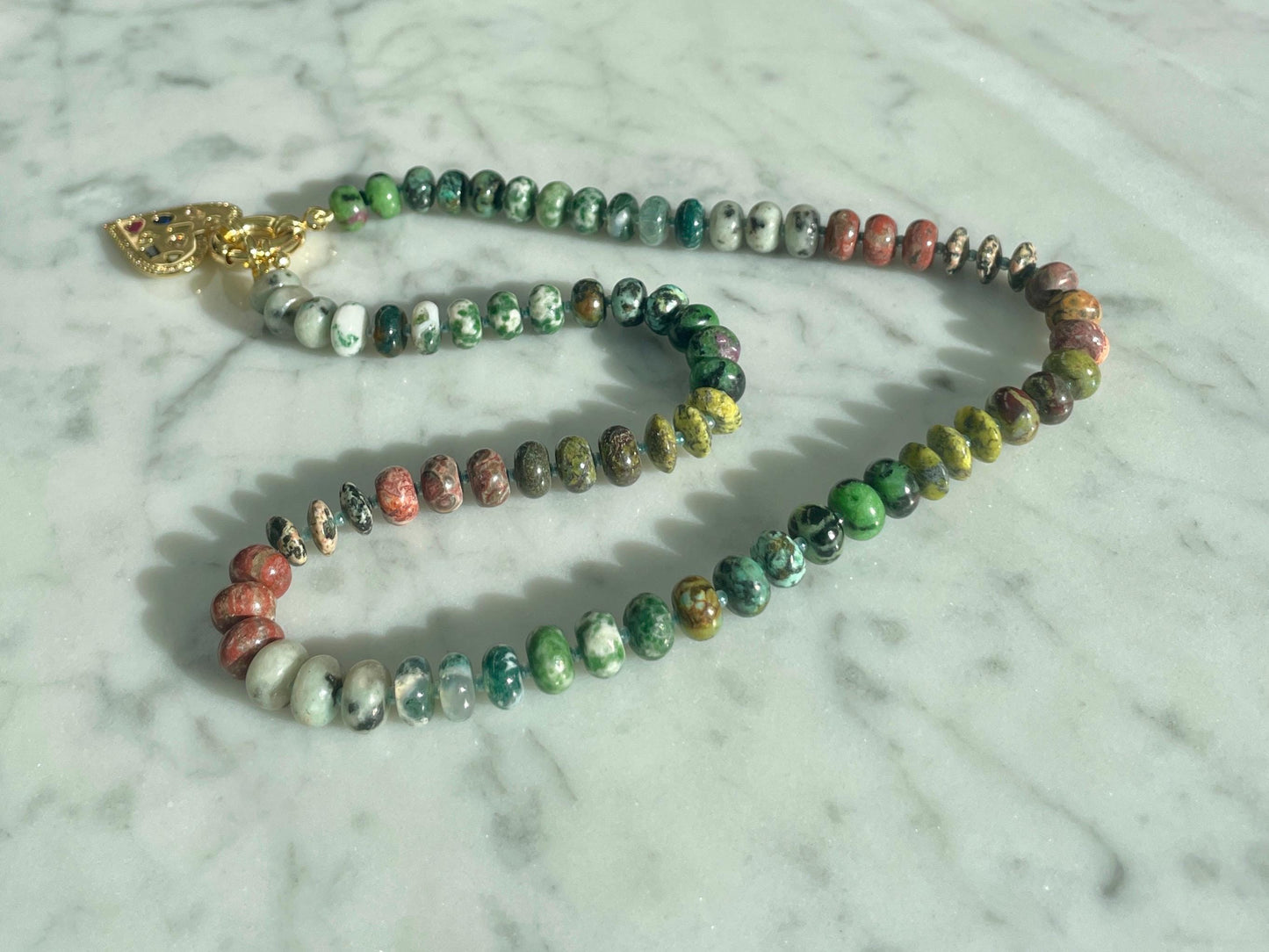 Pet Rock: Big Bob Moss - Earthy Green Jade Gemstone Rainbow Necklace with 14K GF Enhancer Clasp