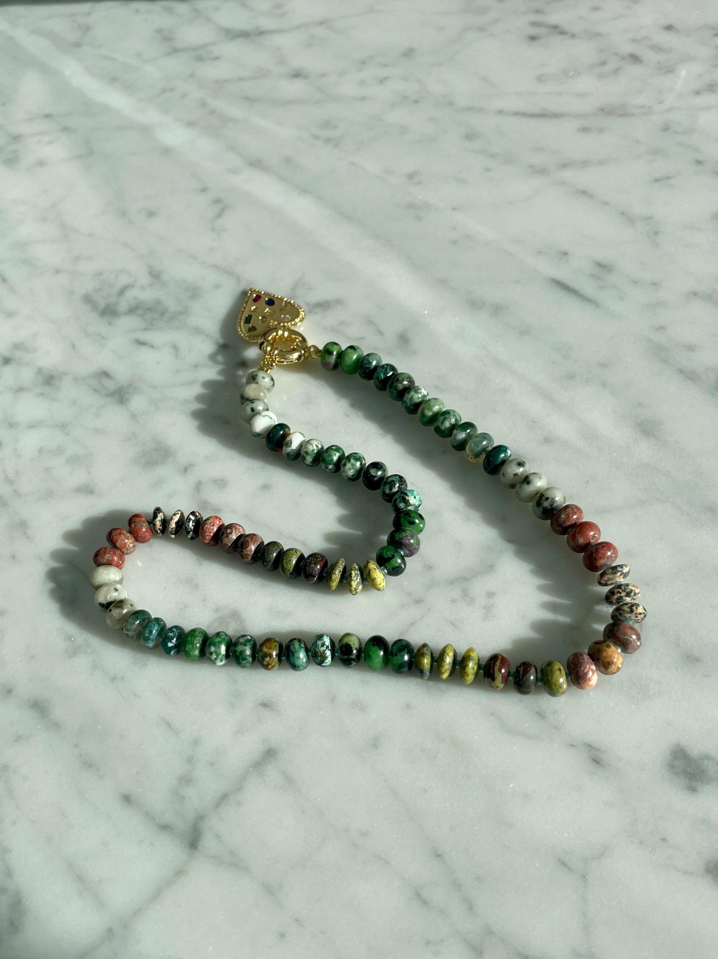 Pet Rock: Big Bob Moss - Earthy Green Jade Gemstone Rainbow Necklace with 14K GF Enhancer Clasp