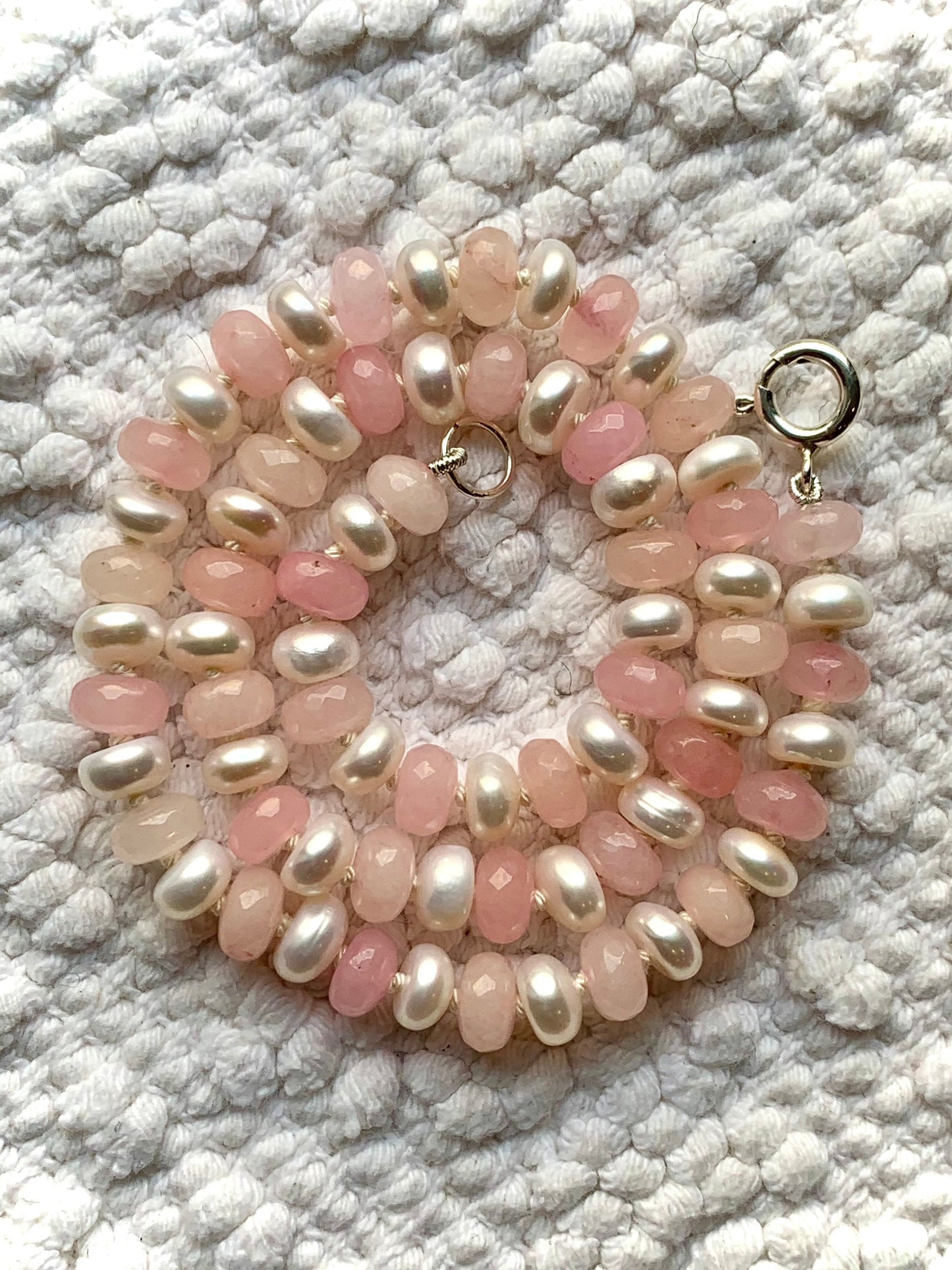 Strawberries & Cream Fresh Water Pearl and Jade Candy Necklace | Hand-Knotted with Sterling Silver