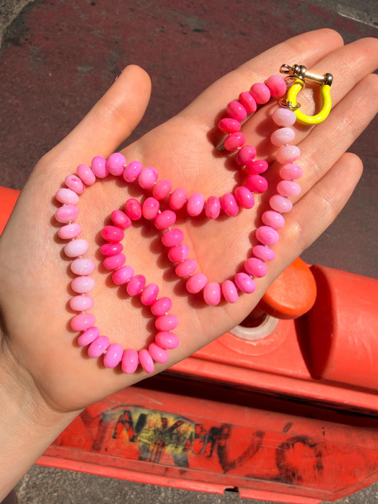 Pink Lemonade- Hand Knotted Neon Ombre Opal Gemstone Candy Necklace with Neon Horseshoe Carabiner Clasp