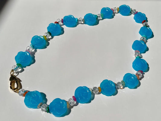 The Blue Lei | Jade Flowers, Quartz, and Mixed Heishi Gemstones with 14K GF Heart Enhancer Clasp
