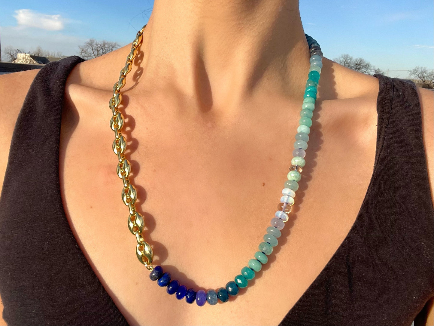 Mariner Chain Blues - Ombré Gemstone and Mariner Chain Necklace