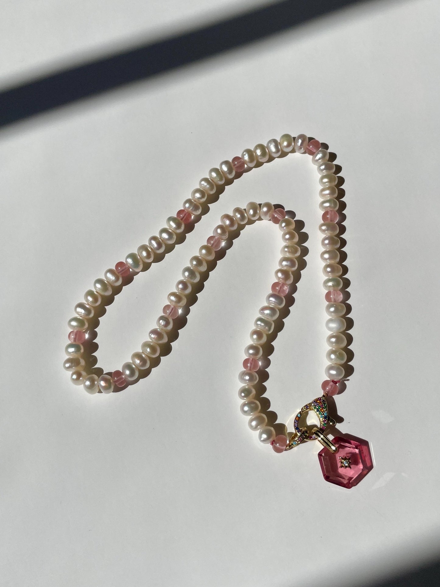 Strawberries & Cream 2 Fresh Water Pearl and Jade Gemstone Candy Necklace with Rainbow Enhancer Clasp and Art Deco Charm