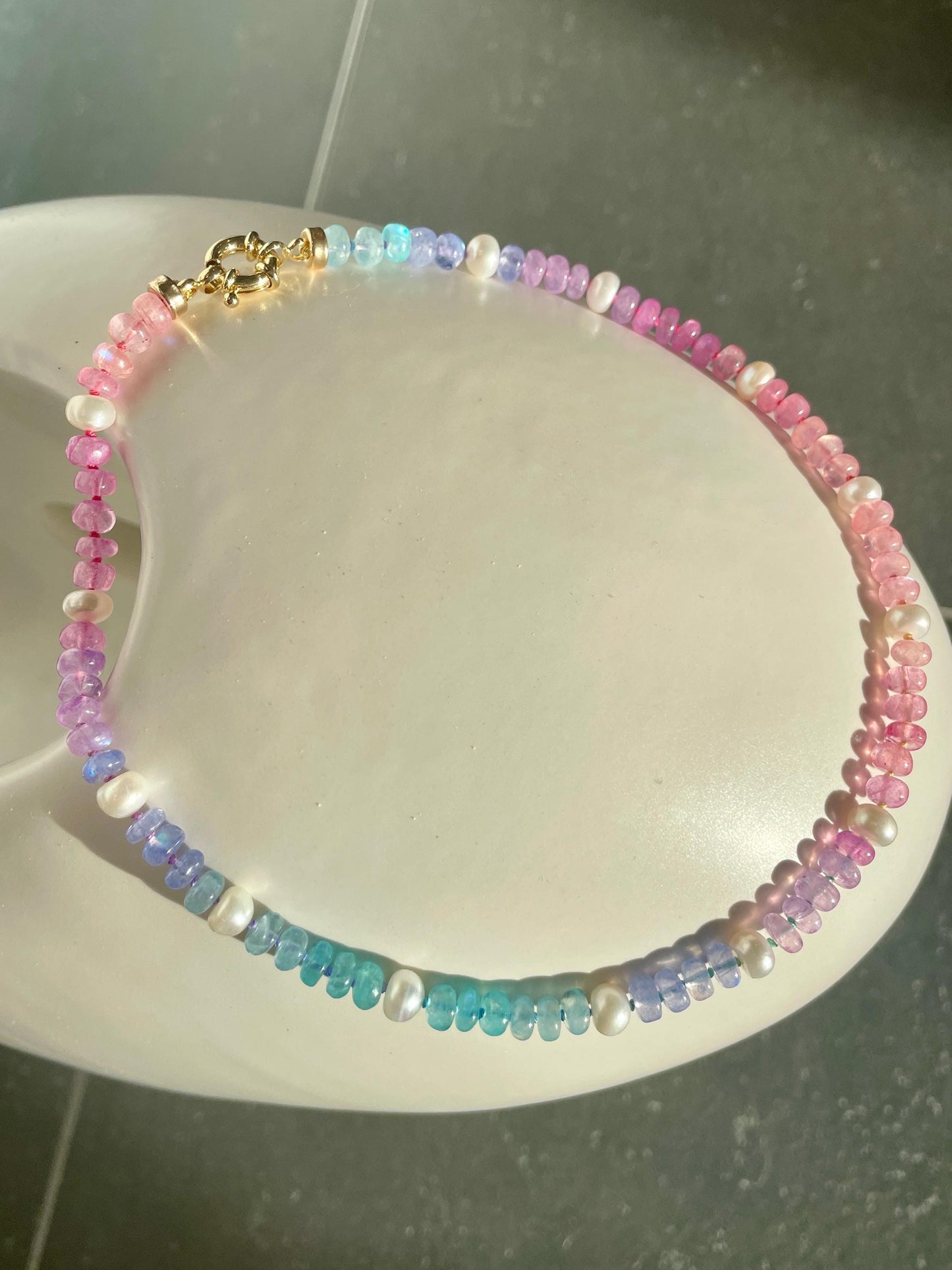 Mixed Berries & Cream Luxe - Rainbow Moonstone and Pearl Choker, GF Clasp, Hand Knotted Silk Thread