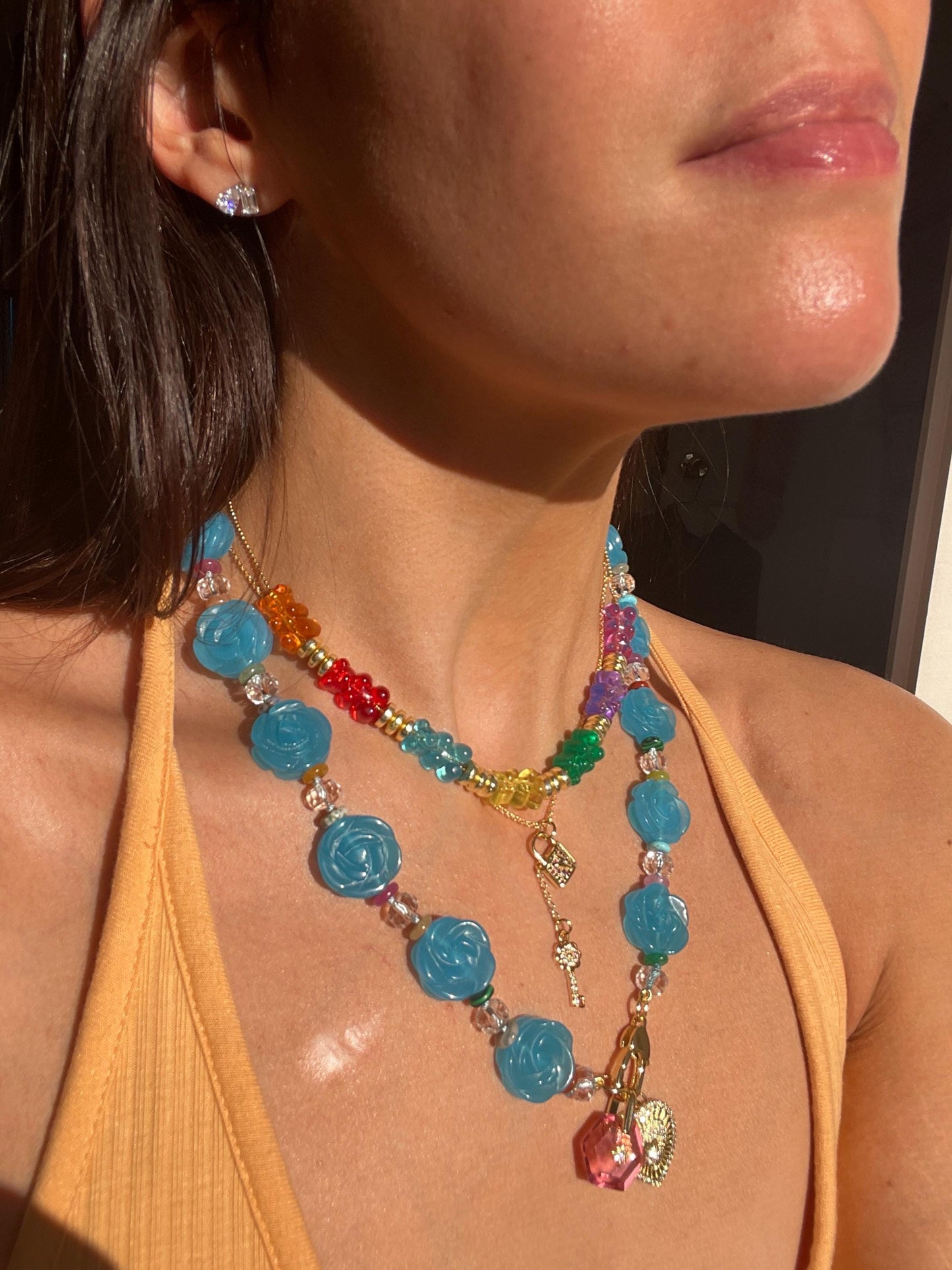 The Blue Lei | Jade Flowers, Quartz, and Mixed Heishi Gemstones with 14K GF Heart Enhancer Clasp