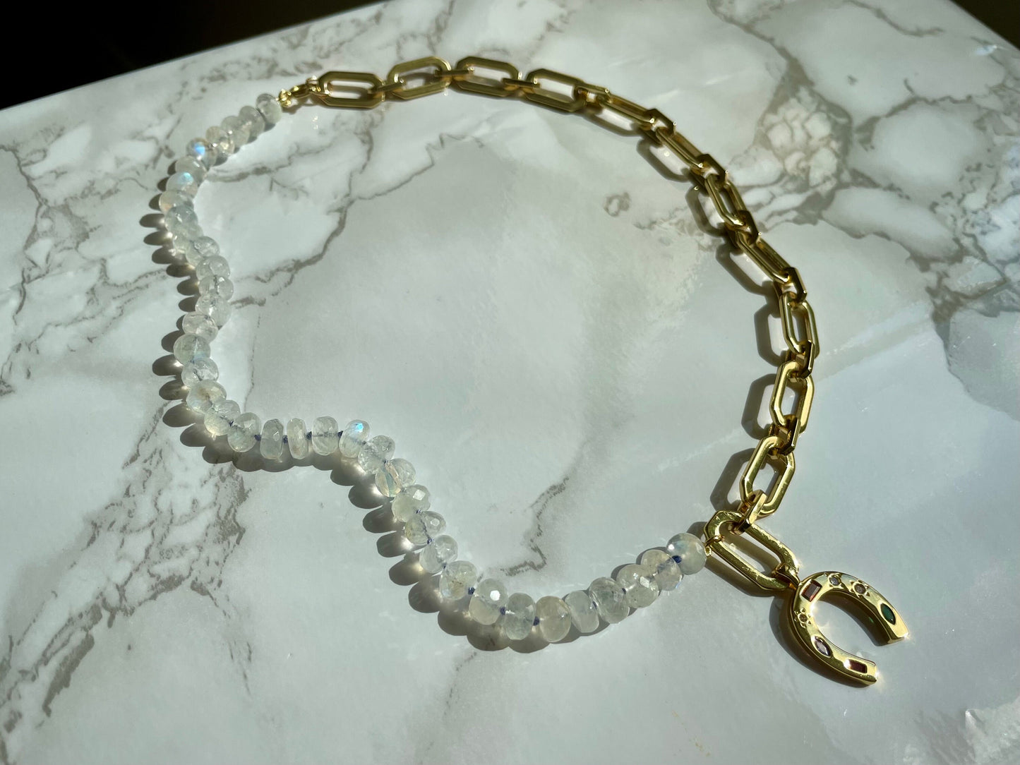 I’m So Lucky - Moonstone and 24K Gold Filled Chunky Chain with Gemmy Horseshoe Charm