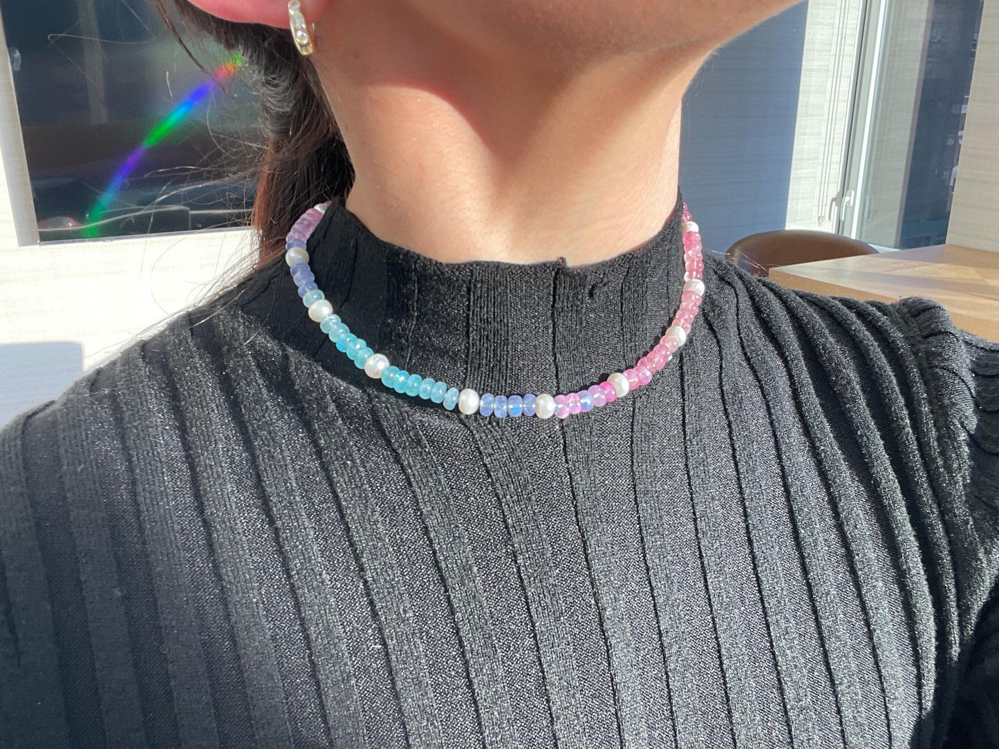 Mixed Berries & Cream Luxe - Rainbow Moonstone and Pearl Choker, GF Clasp, Hand Knotted Silk Thread