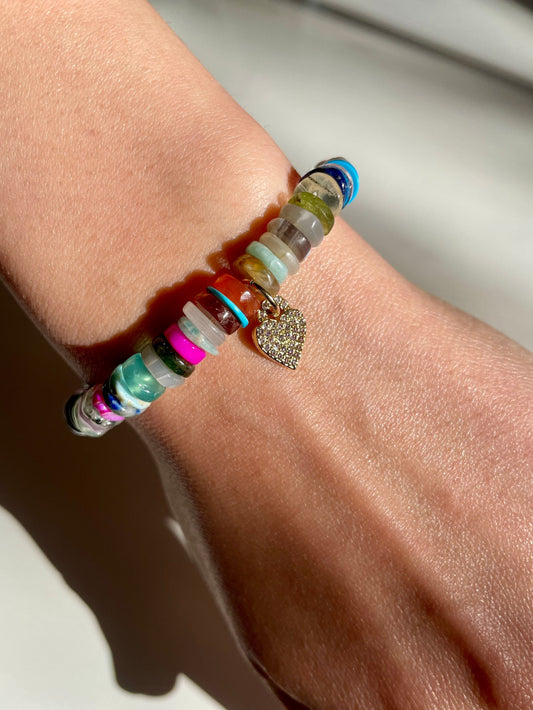 Fruity Pebbles - Heishi Gemstone Bracelet with Gold Filled Heart Charm