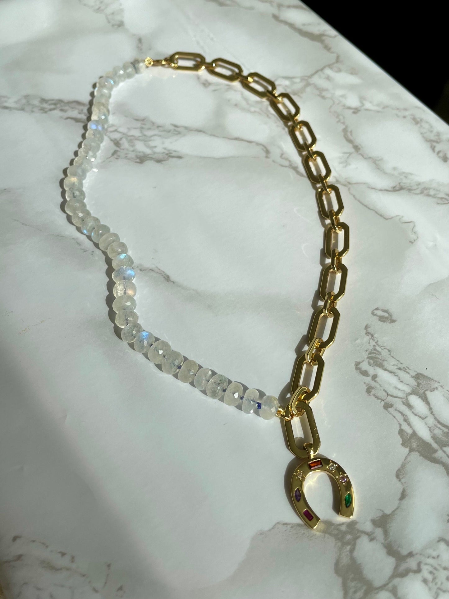 I’m So Lucky - Moonstone and 24K Gold Filled Chunky Chain with Gemmy Horseshoe Charm
