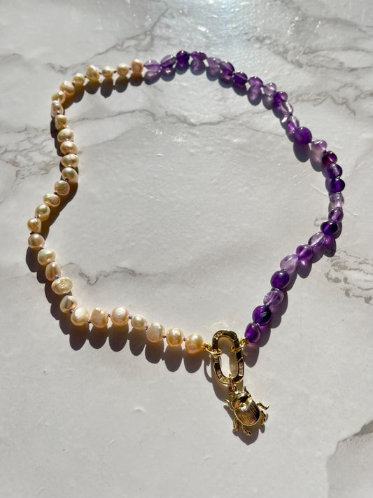 Beetlejuicy - Amethyst & Pearl Gemstone Necklace with 14K Enhancer Clasp and Charm