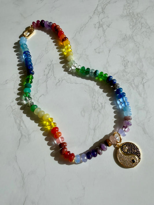 Tertiary Skittles - Hand Knotted Rainbow Gemstone Necklace with Enhancer Clasp