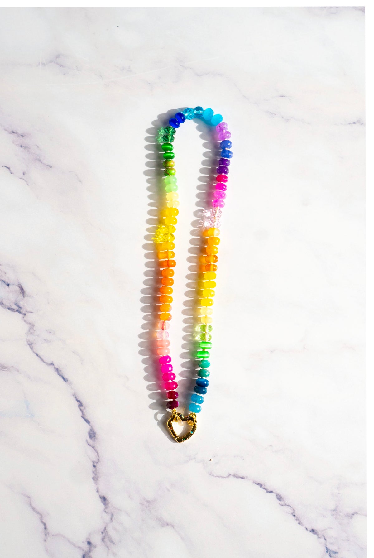 Sweetheart Skittles | Hand-Knotted  Rainbow Gemstone Candy Necklace with Gold Filled Heart Enhancer