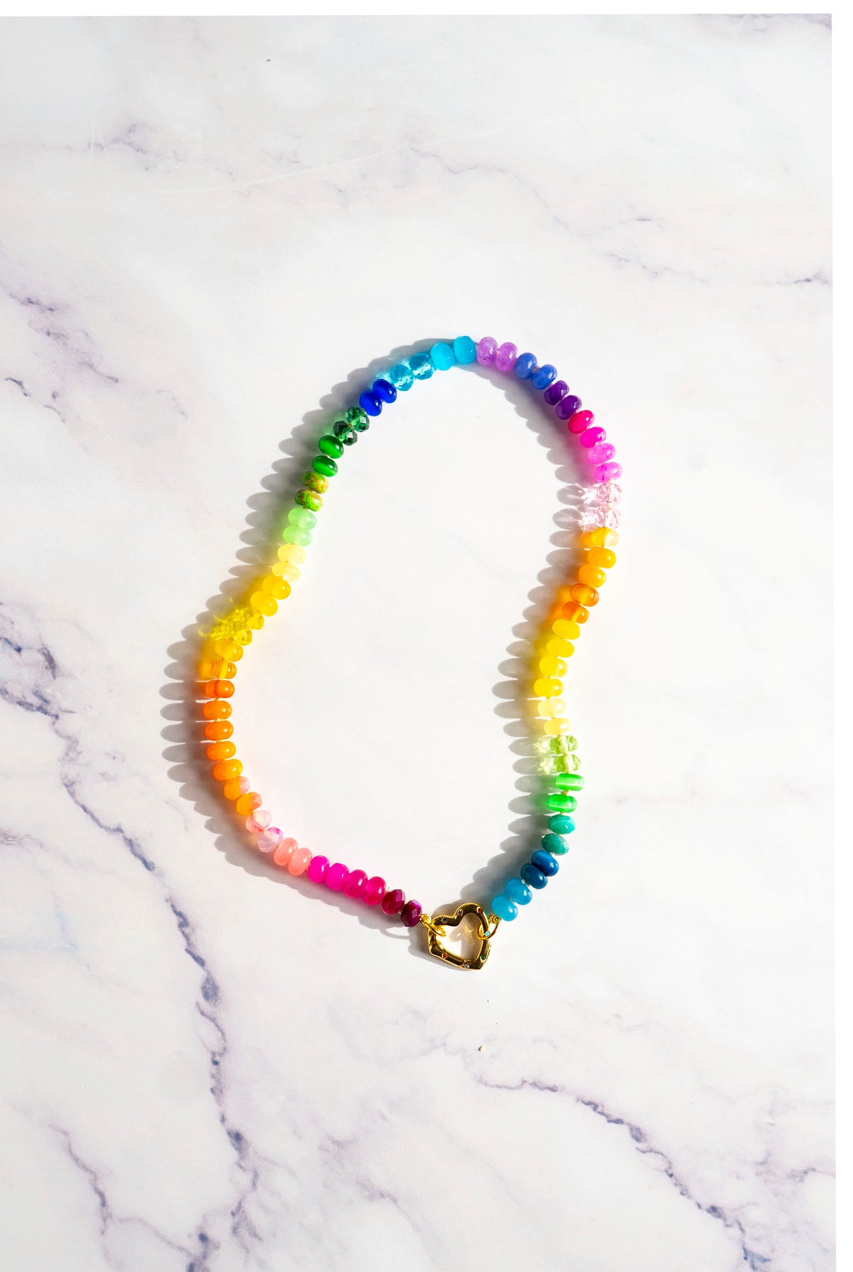 Sweetheart Skittles | Hand-Knotted  Rainbow Gemstone Candy Necklace with Gold Filled Heart Enhancer