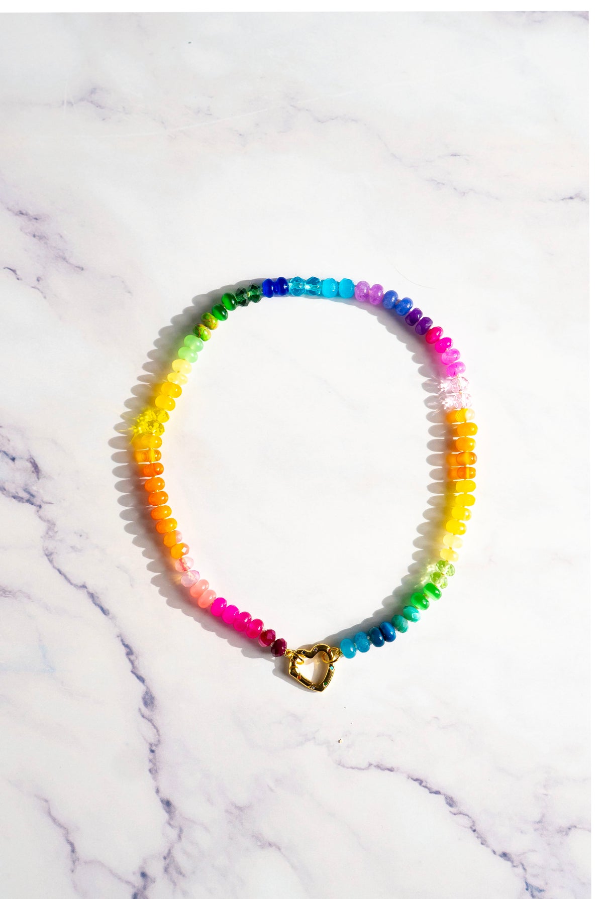 Sweetheart Skittles | Hand-Knotted  Rainbow Gemstone Candy Necklace with Gold Filled Heart Enhancer