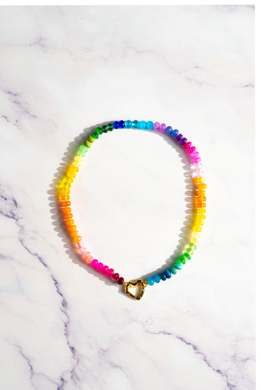 Sweetheart Skittles | Hand-Knotted  Rainbow Gemstone Candy Necklace with Gold Filled Heart Enhancer
