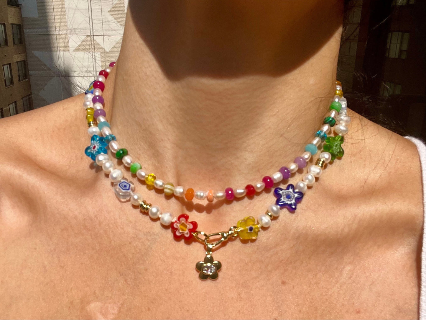 Freshwater Pearl Necklace: Millefiori Glass Flowers, 14k GF Clasp