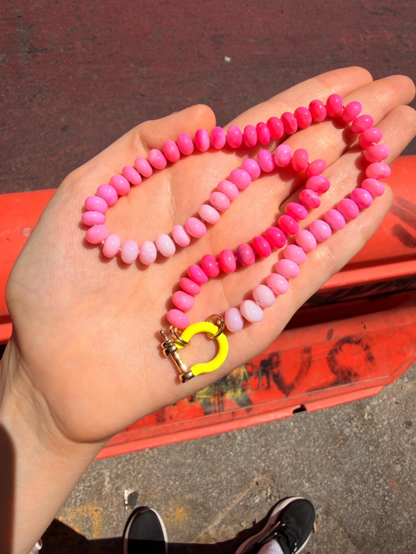 Pink Lemonade- Hand Knotted Neon Ombre Opal Gemstone Candy Necklace with Neon Horseshoe Carabiner Clasp