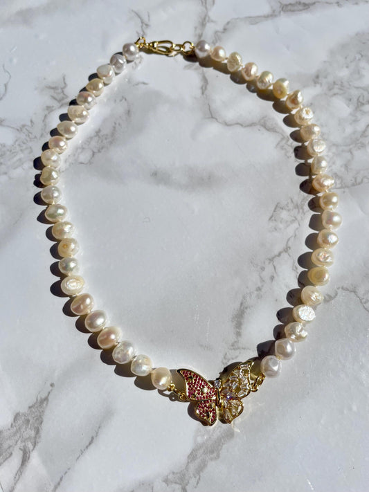 Rosa Mariposa - Hand Knotted Fresh Water Pearl Necklace