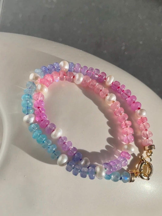Mixed Berries & Cream Luxe - Rainbow Moonstone and Pearl Choker, GF Clasp, Hand Knotted Silk Thread