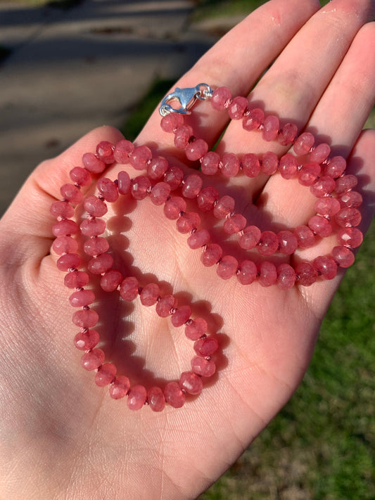 Hand Knotted | ‘Strawberry Sour Punch Straws’ Pink Jade Candy Necklace | Sterling Silver | 16”