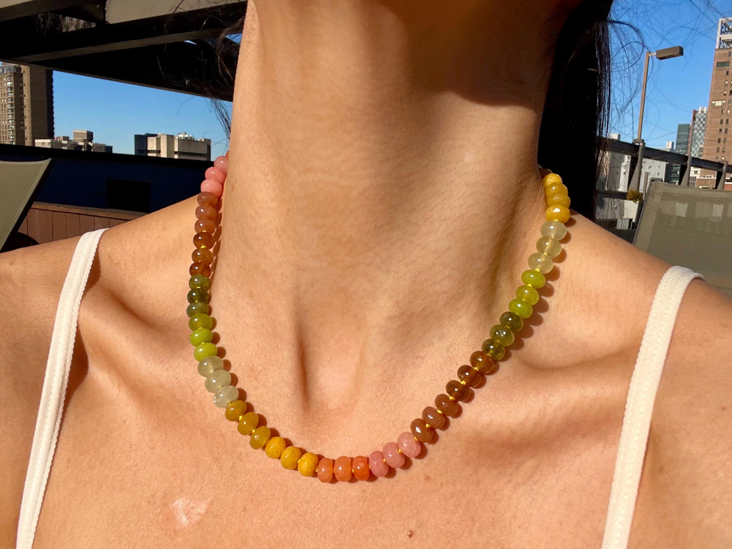 Next to You in Malibu - 1 of 1 Hand Knotted Gemstone Candy Necklace with 14K GF Enhancer Charm Clasp