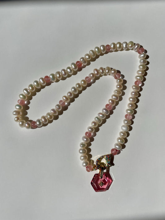 Strawberries & Cream 2 Fresh Water Pearl and Jade Gemstone Candy Necklace with Rainbow Enhancer Clasp and Art Deco Charm