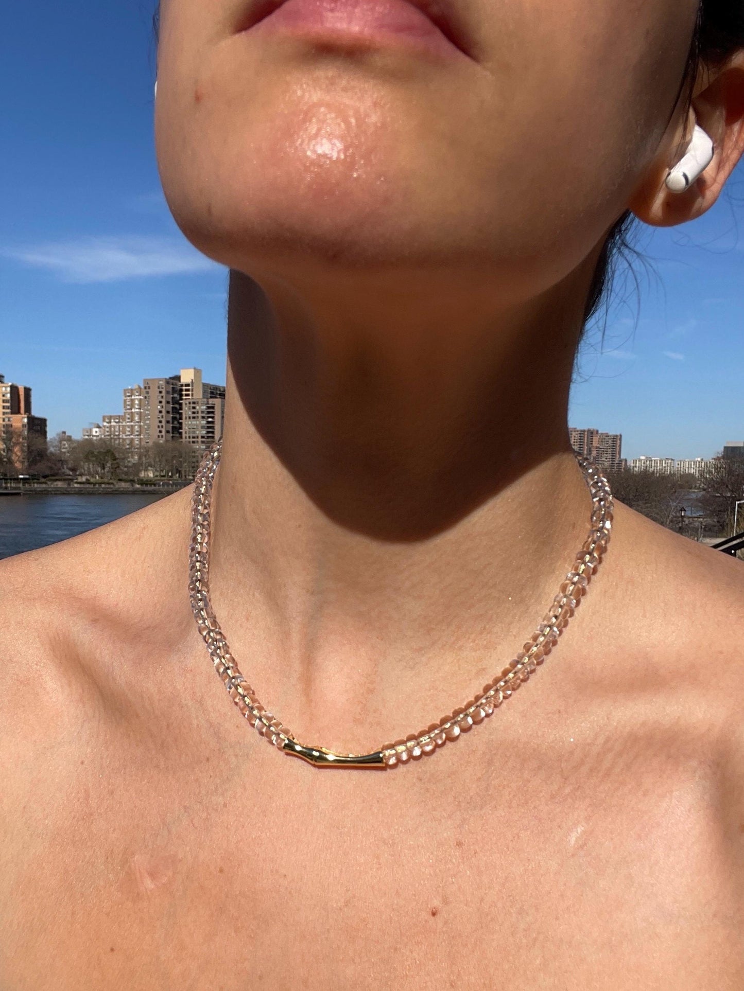 Quartz Gemstone Necklace: 14K GF Chain, Golden Bamboo