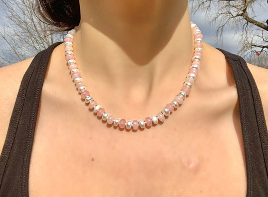 Strawberries & Cream Fresh Water Pearl and Jade Candy Necklace | Hand-Knotted with Sterling Silver