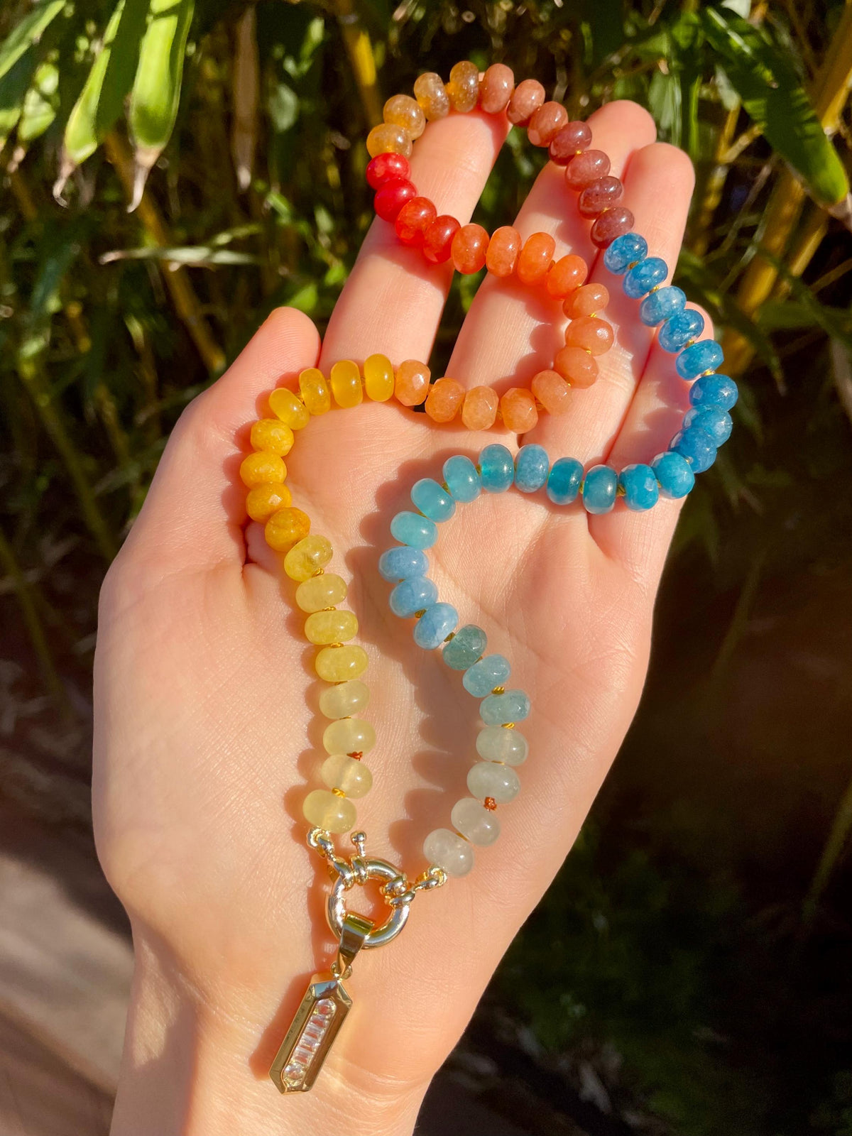 Cosmic Brownie - Ombre Tertiary Rainbow Gemstone Candy Necklace with 14K GF Enhancer Charm Clasp