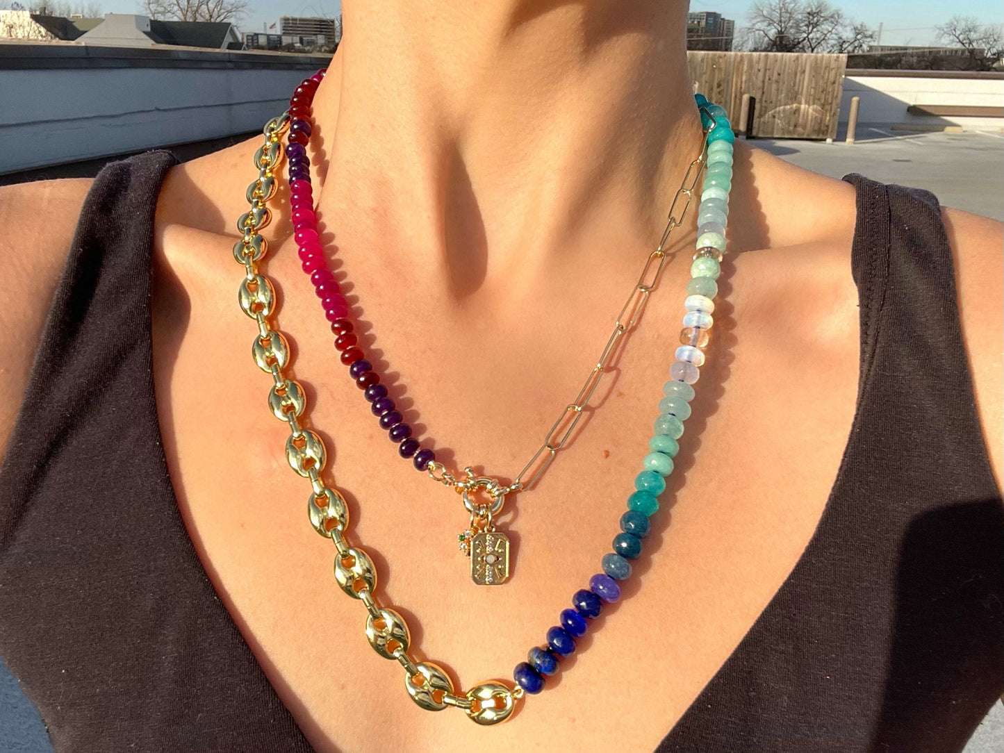 Mariner Chain Blues - Ombré Gemstone and Mariner Chain Necklace