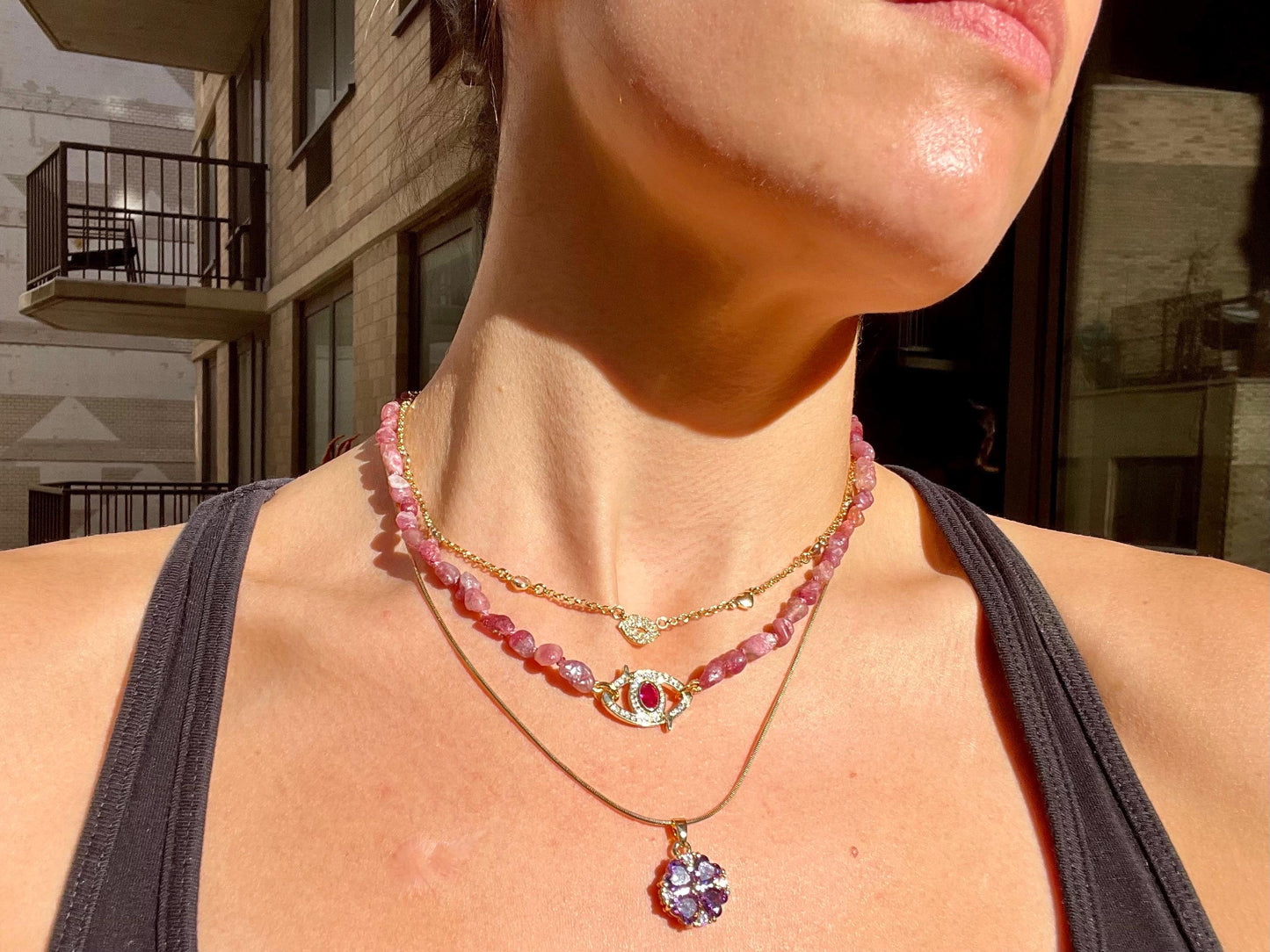 Rubelite Monkies Gemstone Necklace with Evil Eye Enhancer Clasp