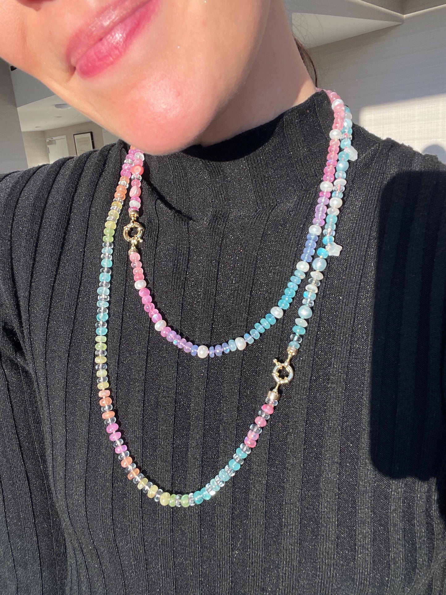 Rainbow Icee Luxe - Moonstone & Quartz Choker, 14K GF Clasp, Handknotted Silk Thread