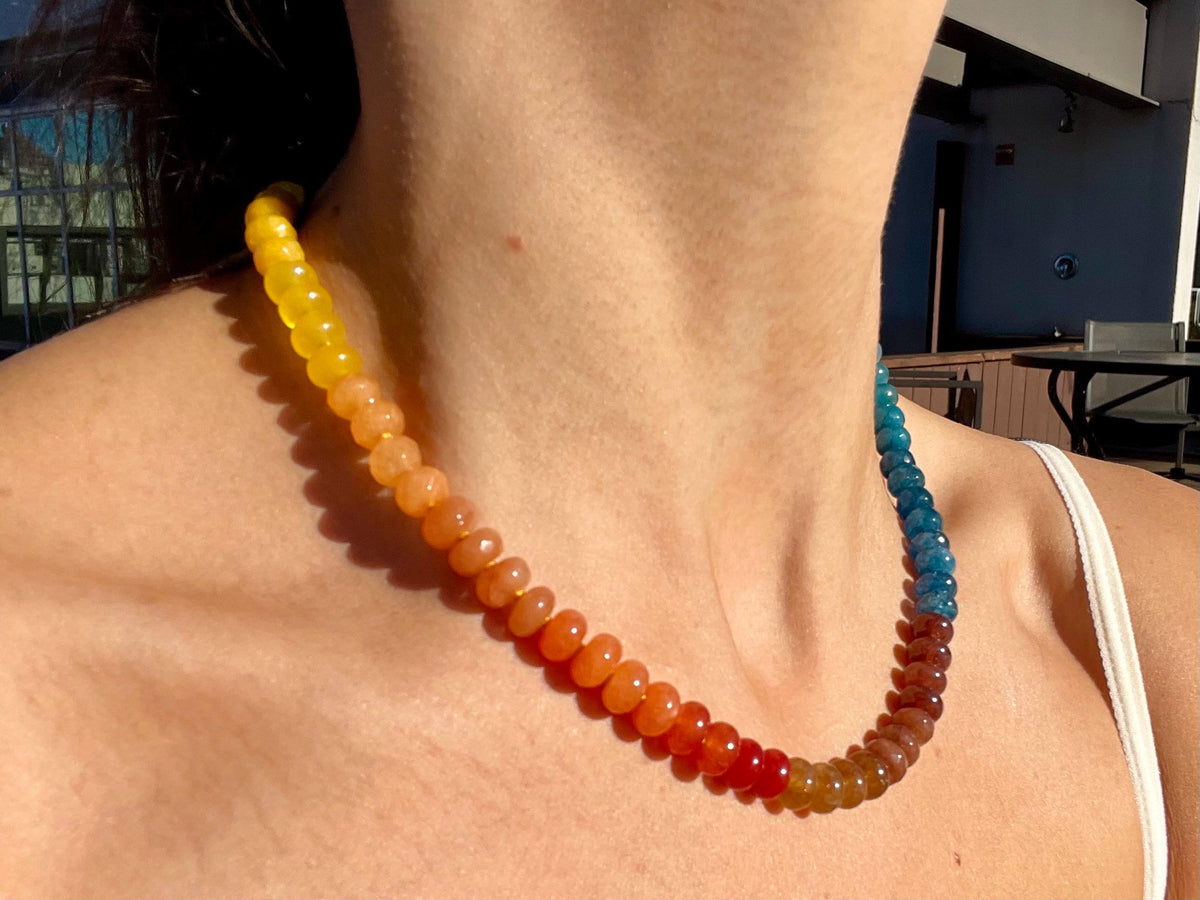 Cosmic Brownie - Ombre Tertiary Rainbow Gemstone Candy Necklace with 14K GF Enhancer Charm Clasp