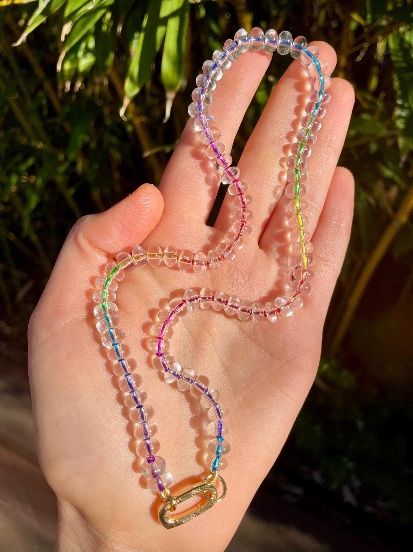 Lil Icee Brainfreeze - Hand Knotted Rainbow Silk and Quartz Gemstone Necklace with 14K GF Enhancer Charm Clasp