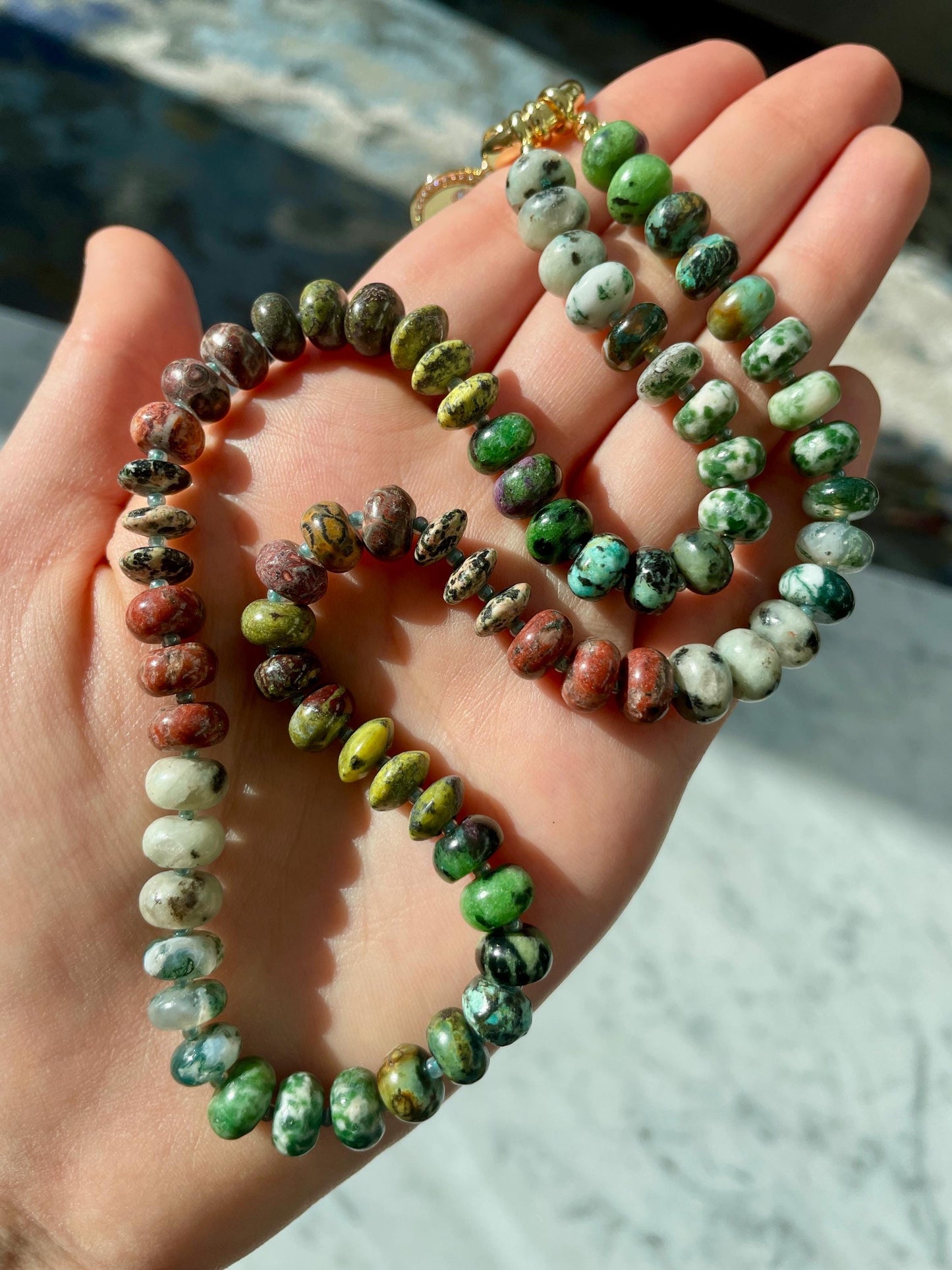 Pet Rock: Big Bob Moss - Earthy Green Jade Gemstone Rainbow Necklace with 14K GF Enhancer Clasp