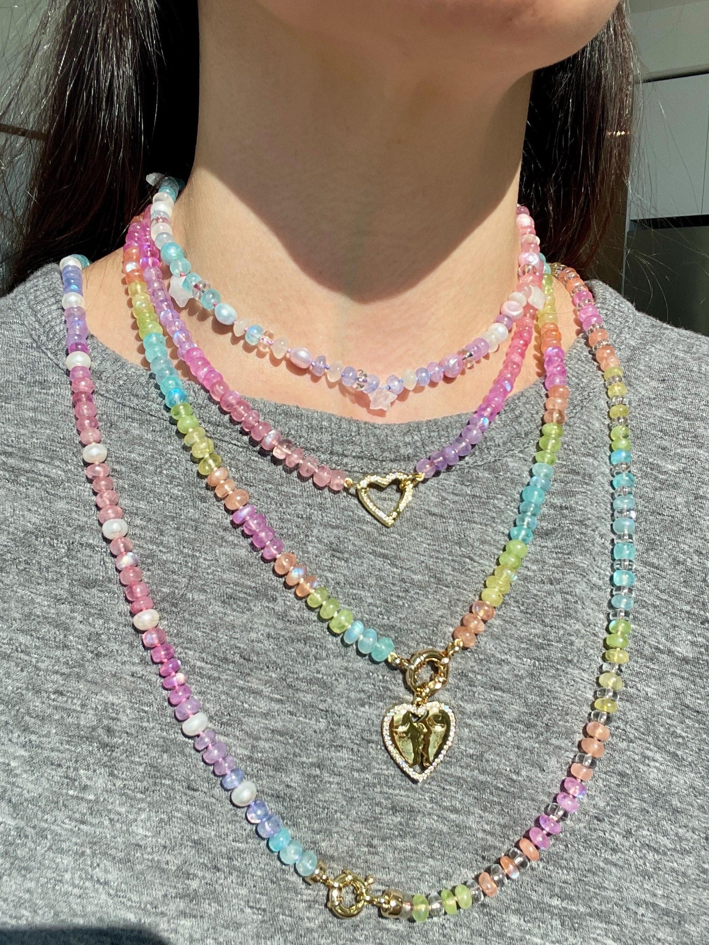 Kawaii Luxe Rainbow Moonstone, Pearl, Star & Quartz Choker, Gold Filled Clasp, Handknotted Silk Thread