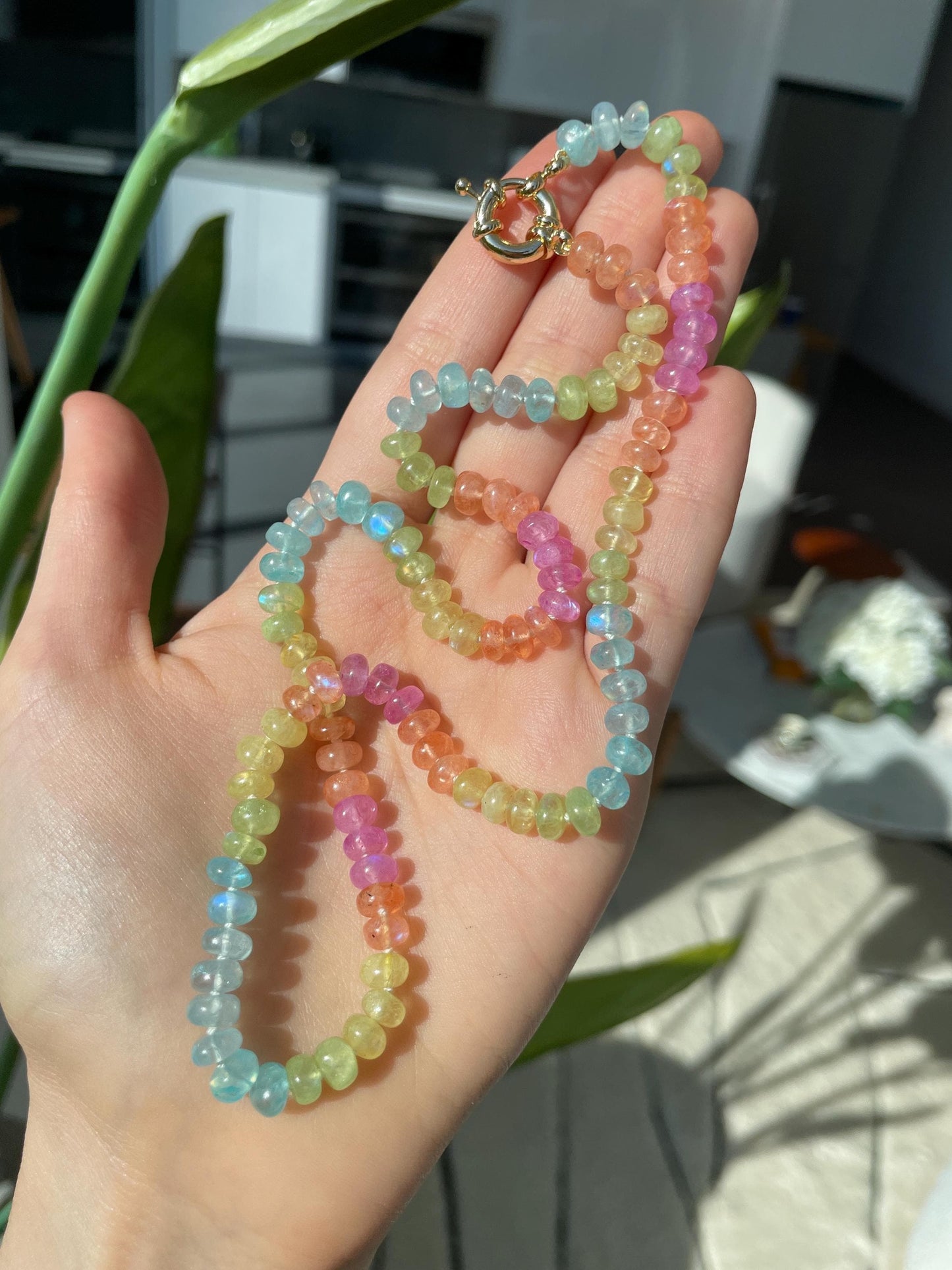 Mrs. Frizzle's Fave Luxe - Rainbow Moonstone Necklace, 14K Gold Clasp, Hand Knotted Silk Thread