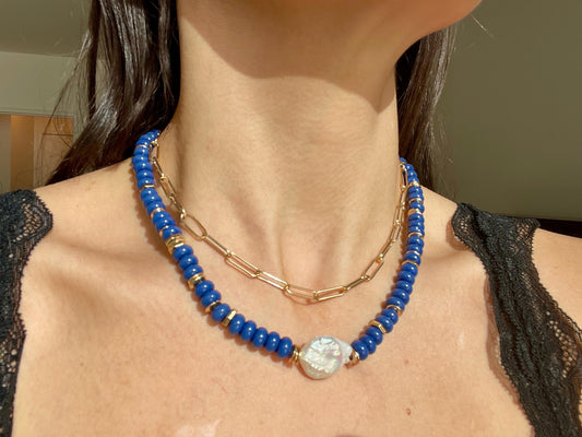Layer Ya, Dare Ya - Bluey Gemstone, Gold, and Pearl Necklace with Paperclip Chain