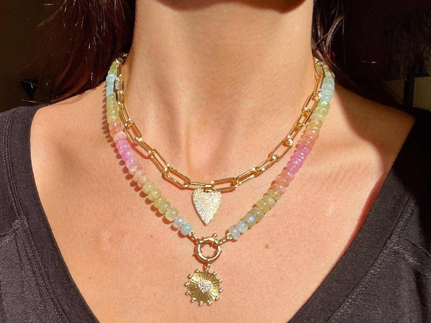 Mrs. Frizzle's Fave Luxe - Rainbow Moonstone Necklace, 14K Gold Clasp, Hand Knotted Silk Thread