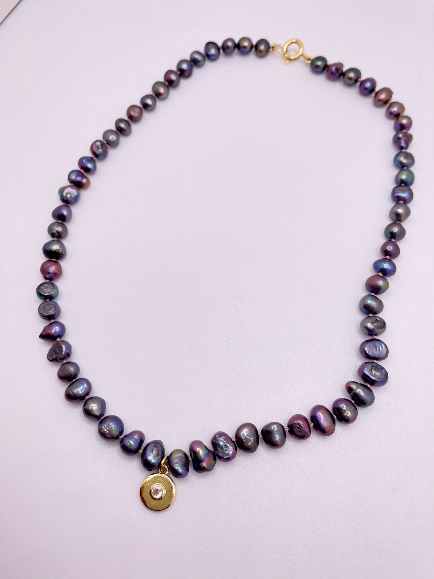 Ursula’s Part of Your World- Hand-knotted Black Pearl and 14K Gold Filled Disk Charm