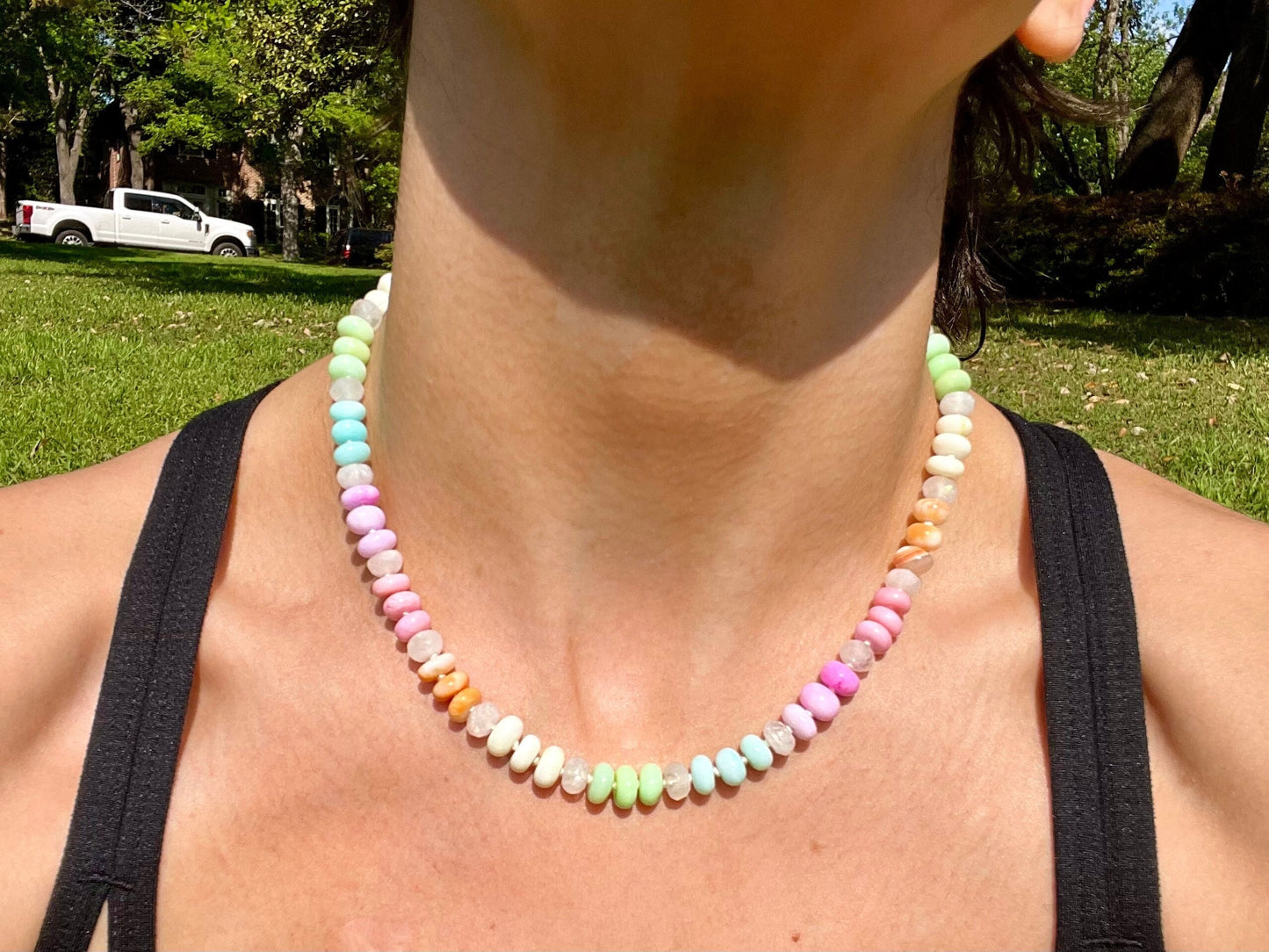 Spring Fling Neon Opal and Moonstone Hand Knotted Gemstone Necklace